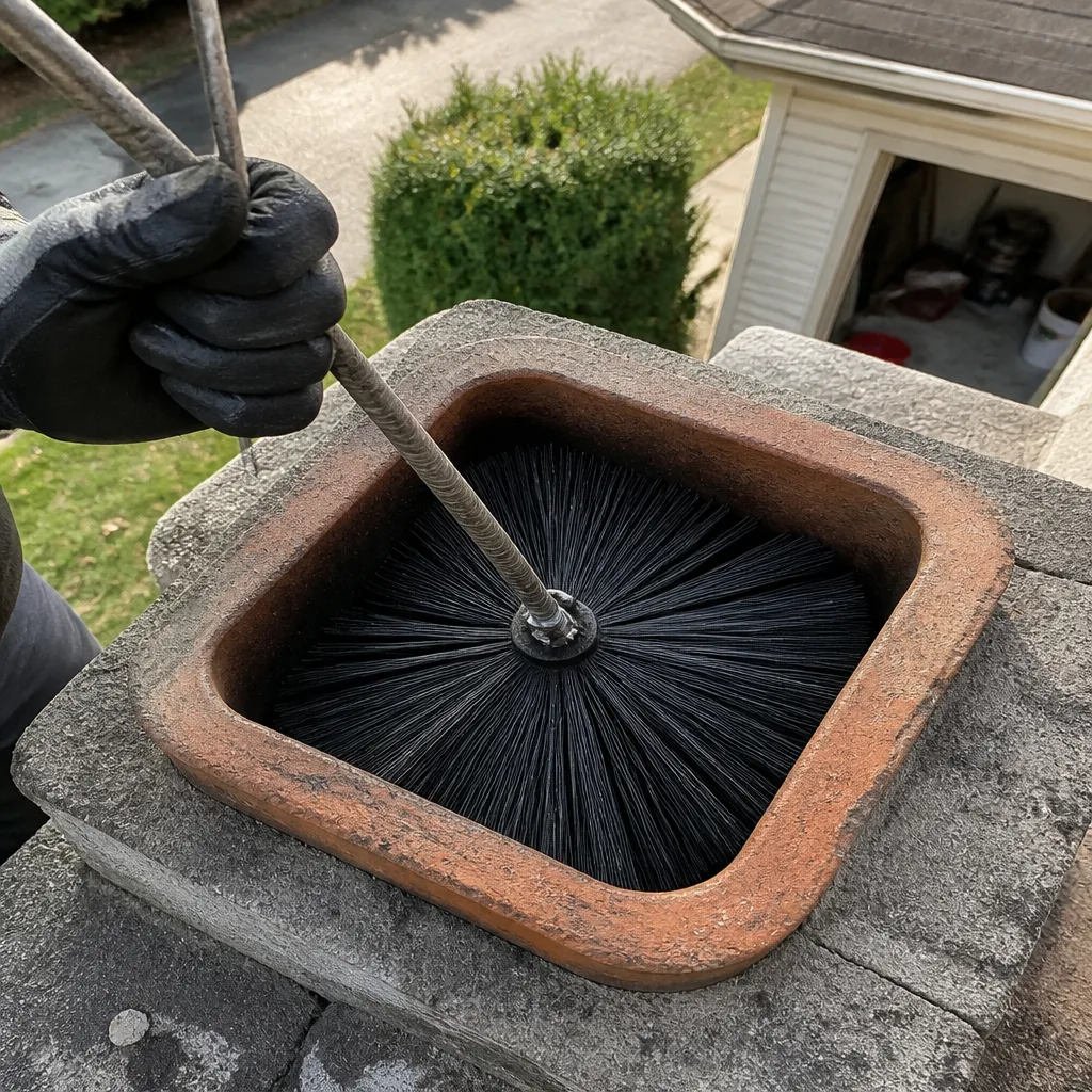 Professional cleaning a brick chimney flue with a long sweep brush