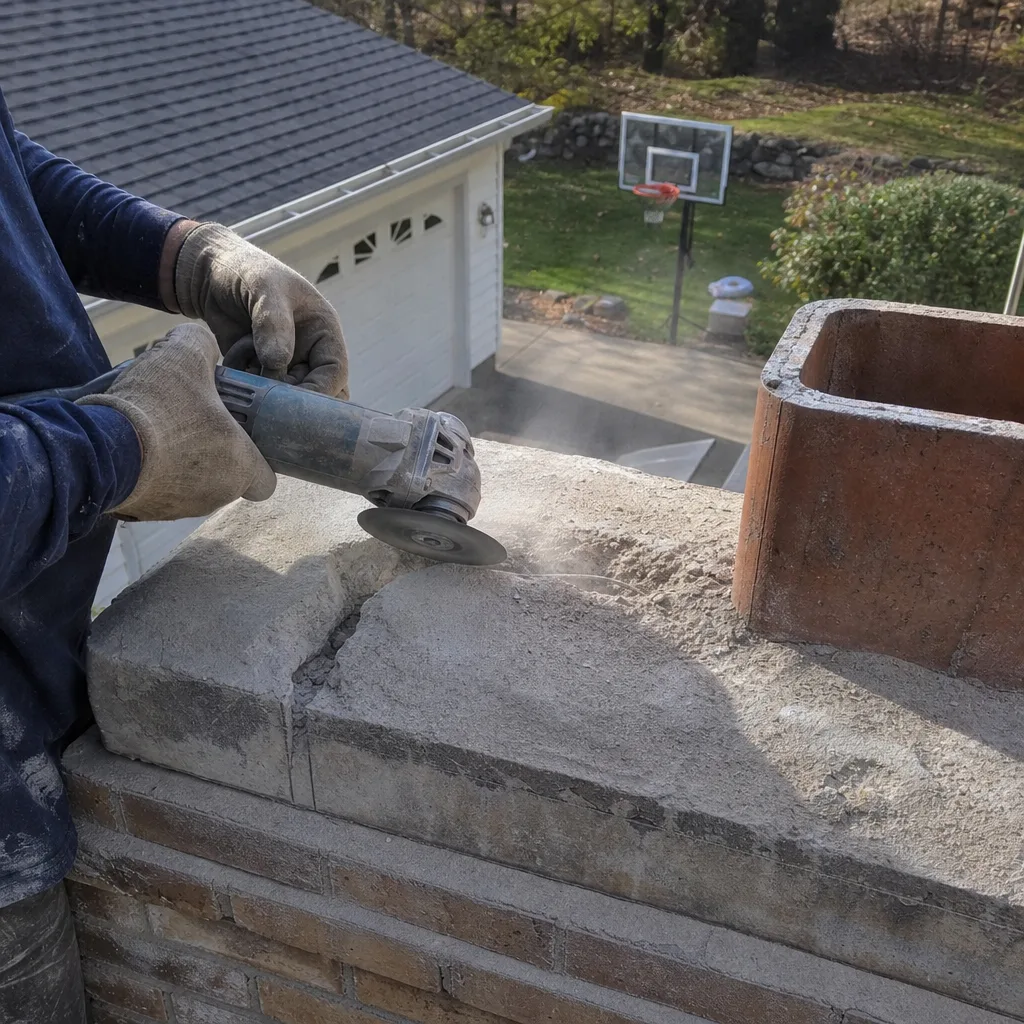 Professional contractor performing chimney crown repair and maintenance on a residential roof