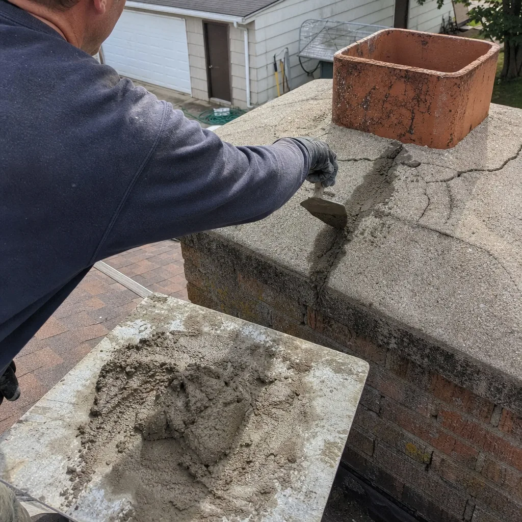 Professional technician repairing a cracked chimney crown with mortar on a roof